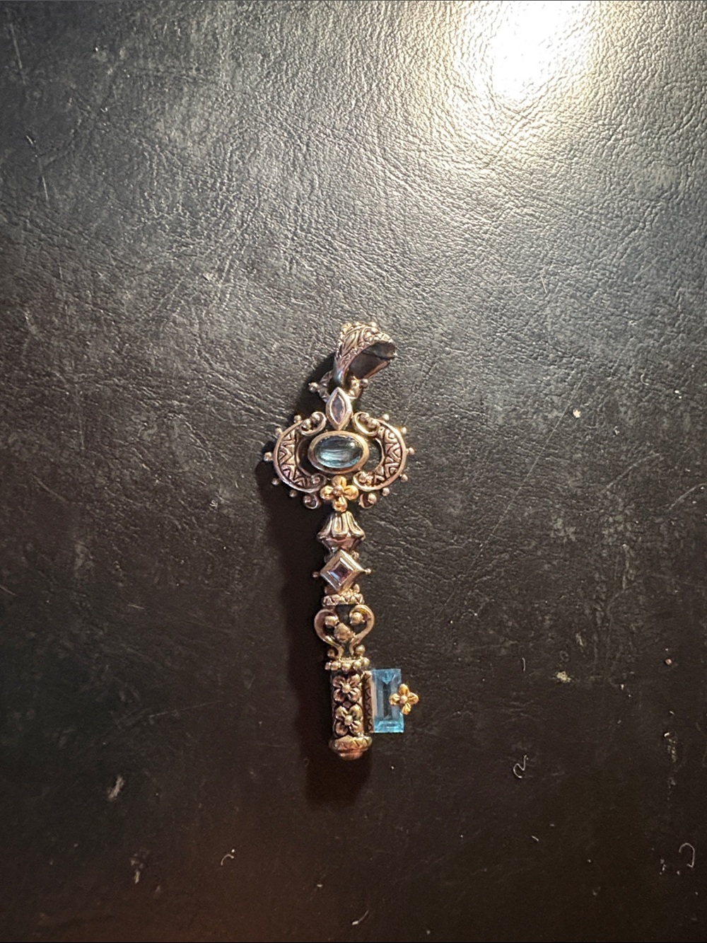 Silver-Tone Ornate Key Pendant Necklace with Blue Stones